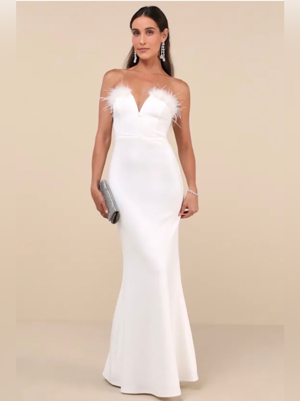 NWT White Feather-Trim Strapless Mermaid Wedding Evening Gown Small